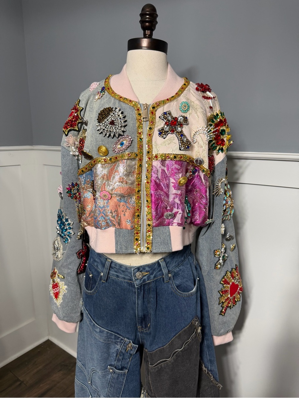 AKIRA Multicolor Embellished Cropped Bomber Jacket